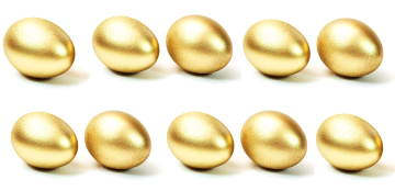 Das Bild zeigt 10 goldene Eier. Sie stehen für die zehn goldenen Regeln für die Bachelorarbeit.